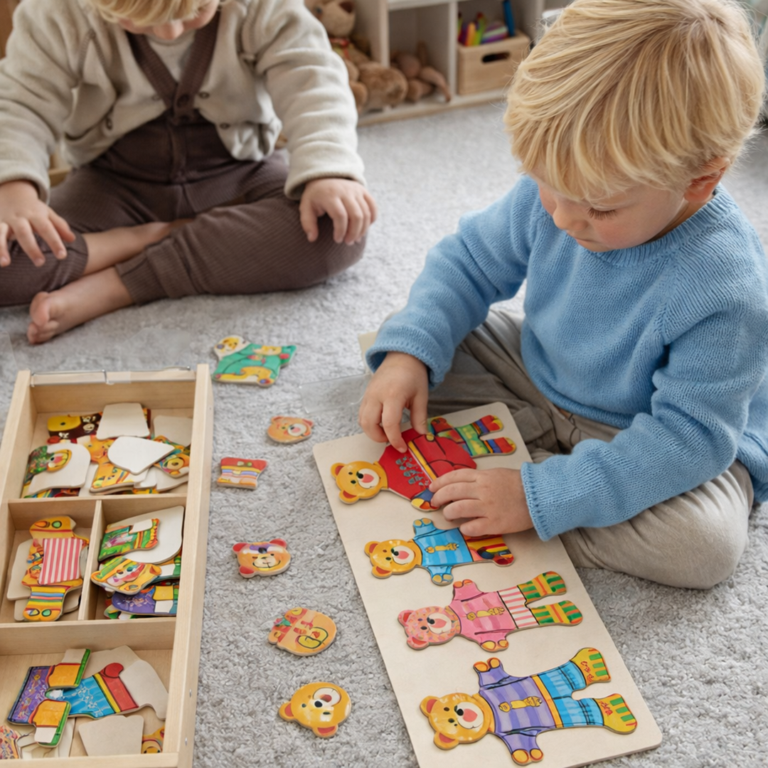 Drewniana układanka do ubierania – Zabawka edukacyjna Boris rozwijająca motorykę małą