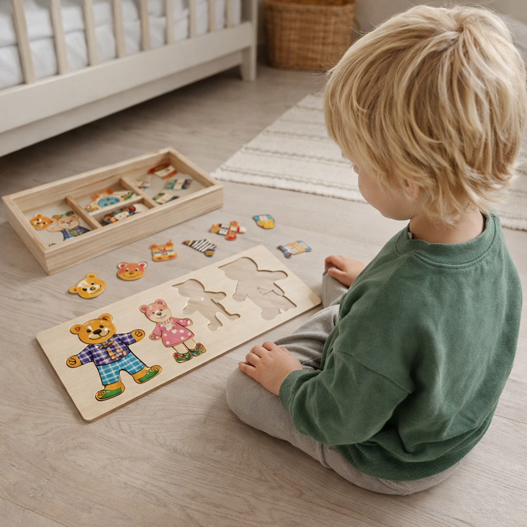 Drewniana układanka do ubierania – Zabawka edukacyjna Boris rozwijająca motorykę małą