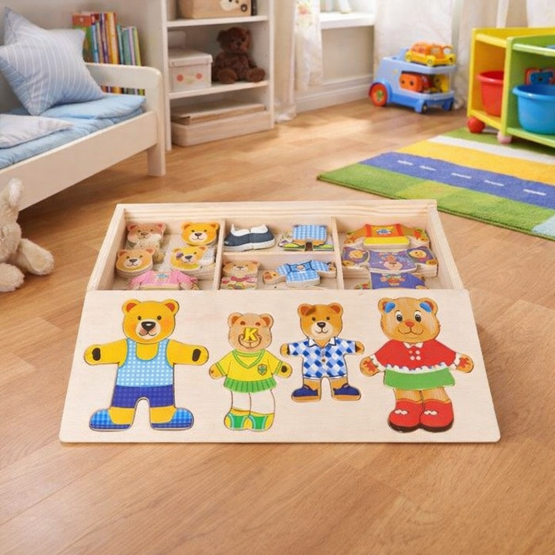 Drewniana układanka do ubierania – Zabawka edukacyjna Boris rozwijająca motorykę małą