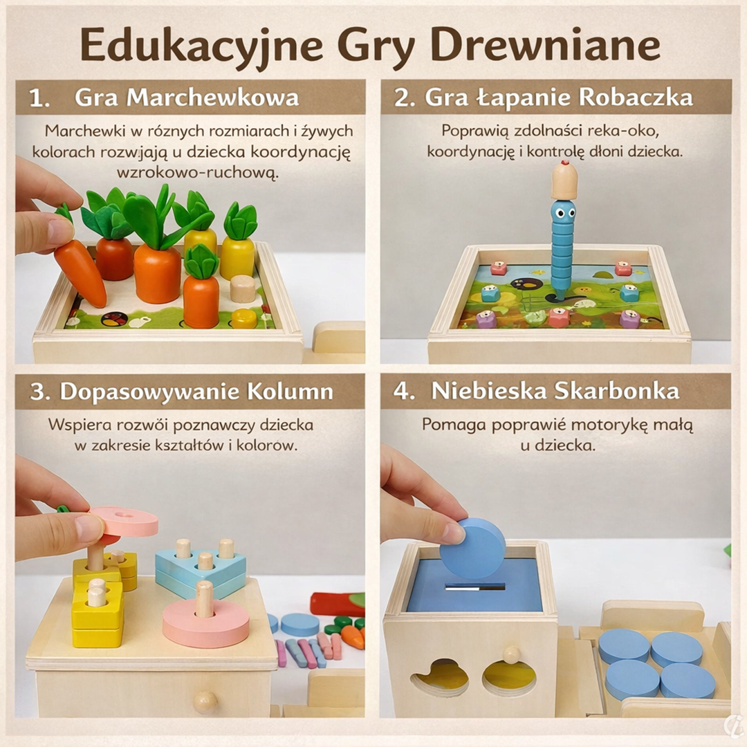 Drewniana kostka edukacyjna 8w1 – zabawka dla niemowląt i przedszkolaków