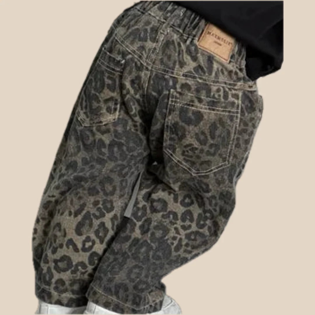Jeansy w panterkę dla dziewczynek, czarny denim