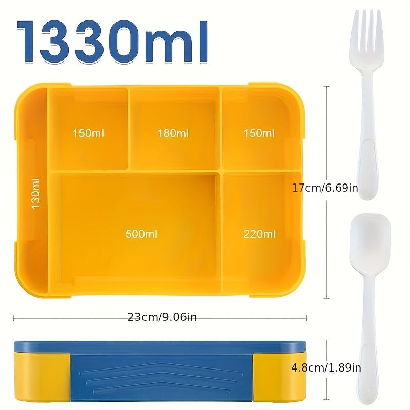 Children's lunchbox with 5 compartments, leak-proof, with cutlery and a sauce container