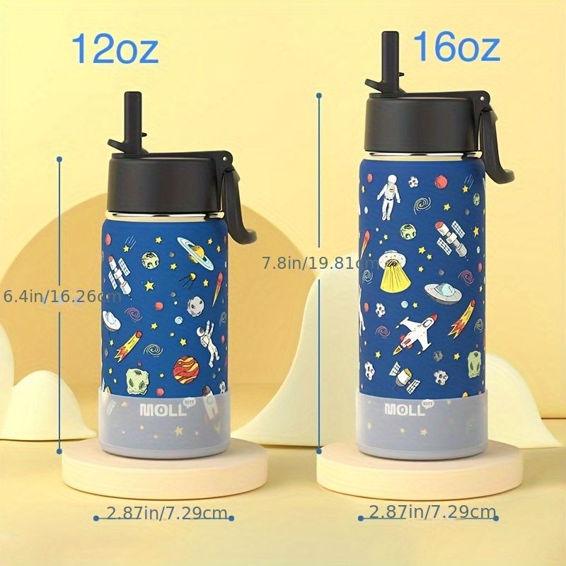 Bouteille thermique en acier inoxydable pour enfants, motifs d'animaux, avec paille.