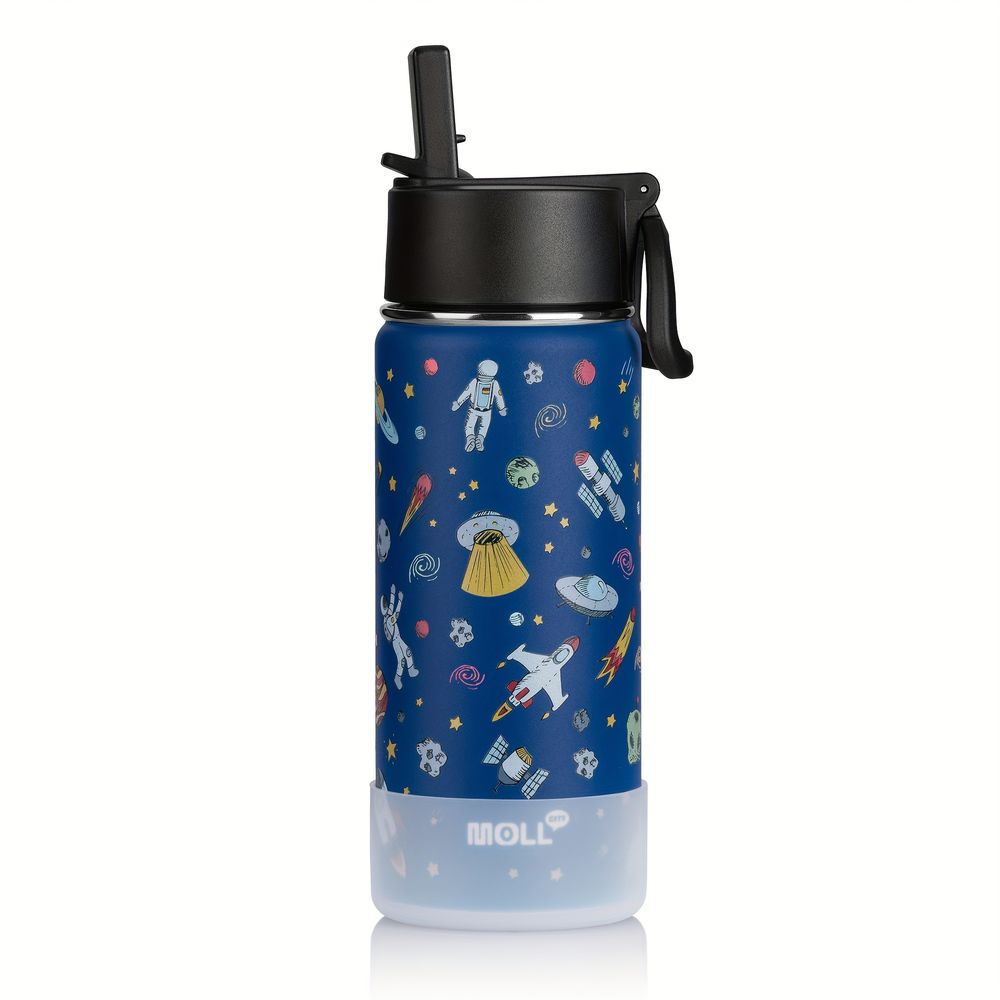 Bouteille thermique en acier inoxydable pour enfants, motifs d'animaux, avec paille.