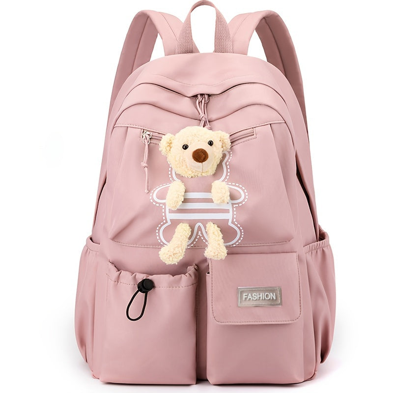 Sac à dos décontracté avec un ours en peluche et une poche pour bouteille, version unisexe