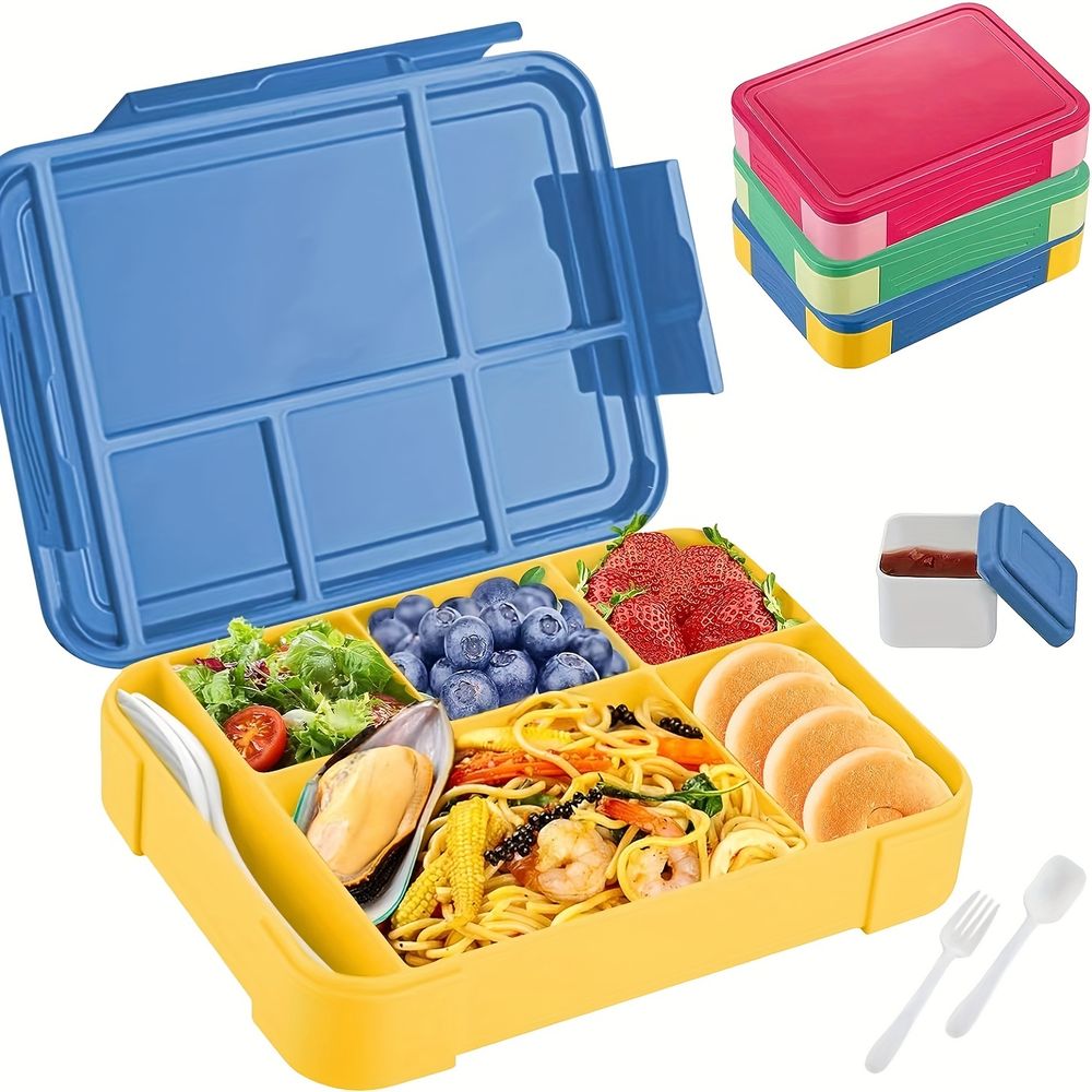 Children's lunchbox with 5 compartments, leak-proof, with cutlery and a sauce container