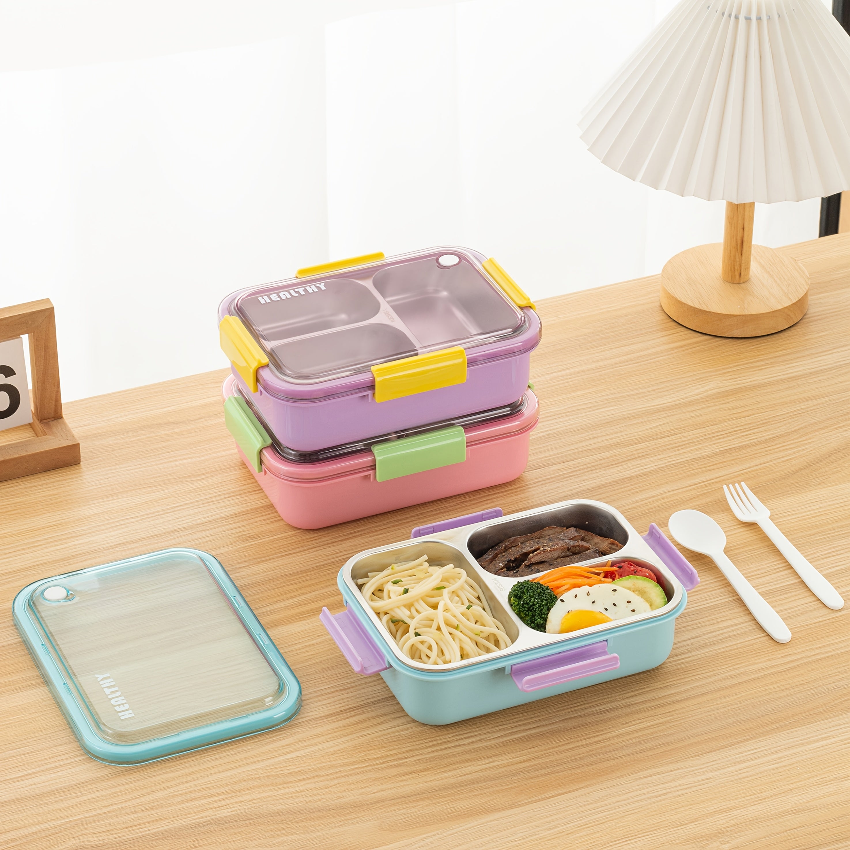 Lunchbox ze stali nierdzewnej dla starszych dzieci, 3 przegródki, z sztućcami