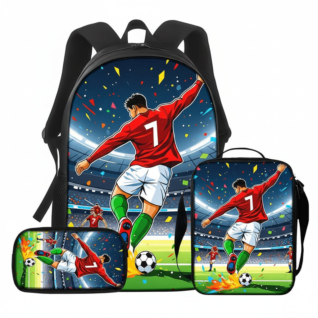 Sac à dos, sac bandoulière et trousse à motif de footballeur — ensemble