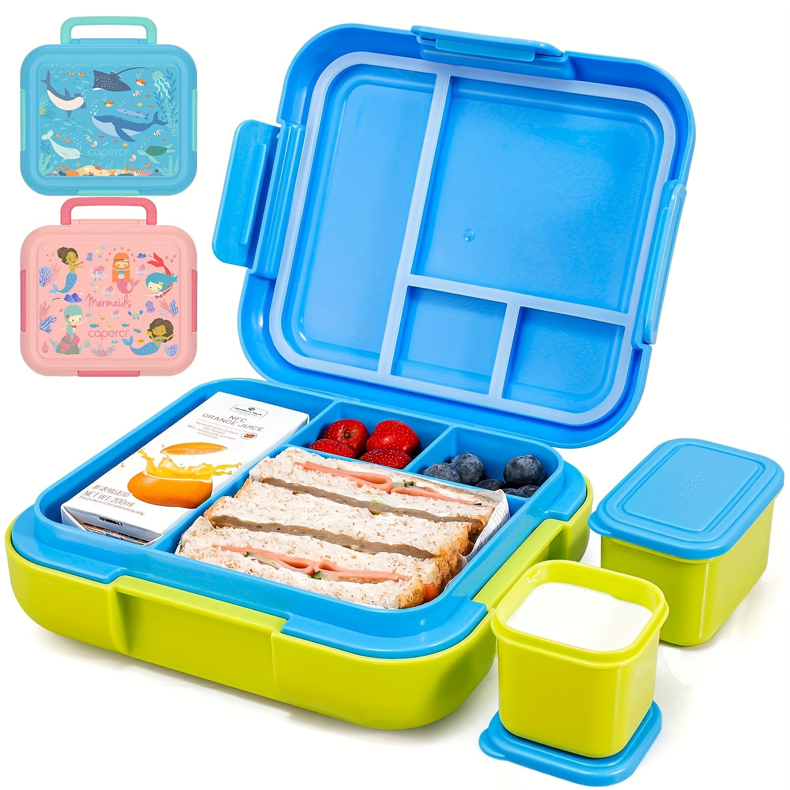 Bento lunchbox dla dzieci z motywem oceanu, 4 przegródki + 2 pojemniki, szczelna