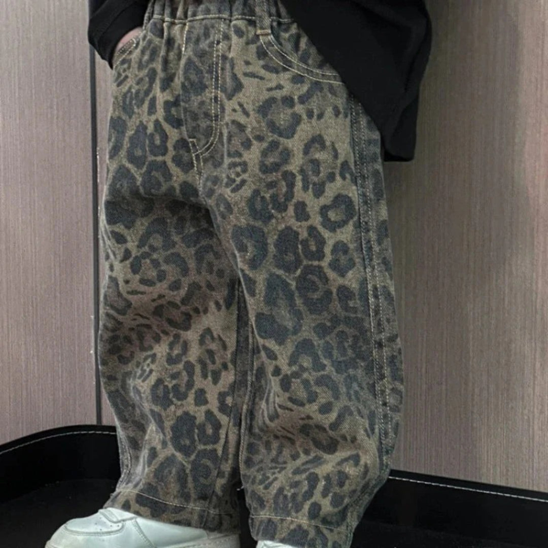 Jeansy w panterkę dla dziewczynek, czarny denim