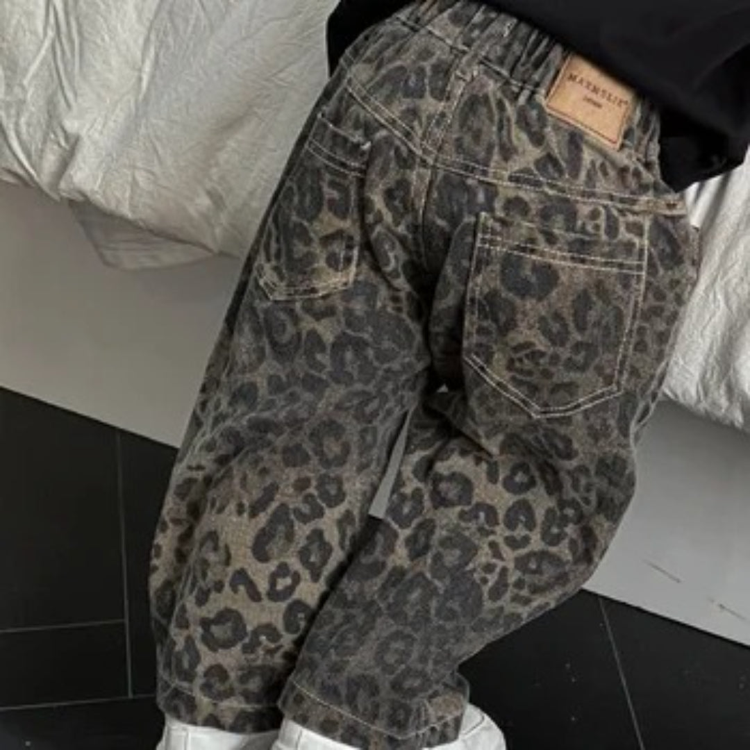 Jeansy w panterkę dla dziewczynek, czarny denim