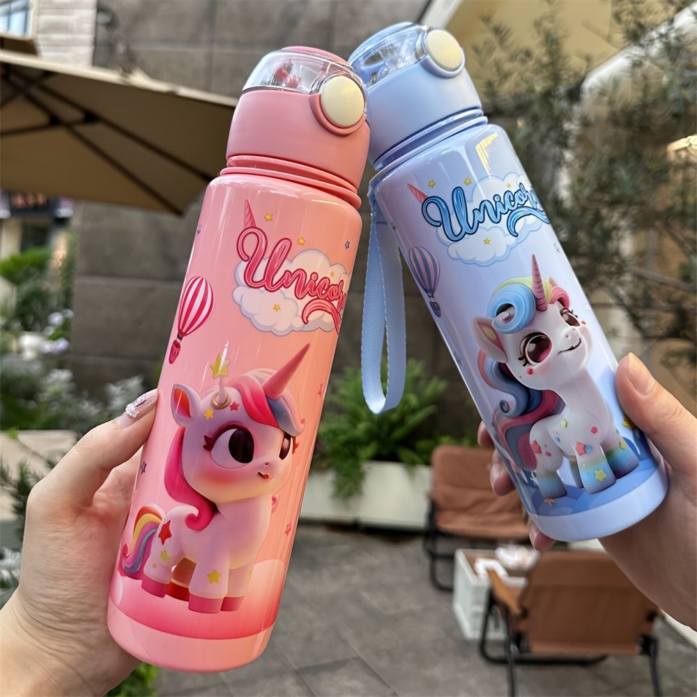 Butelka na wodę dla dzieci 700 ml, wzór jednorożec, z pompą do picia