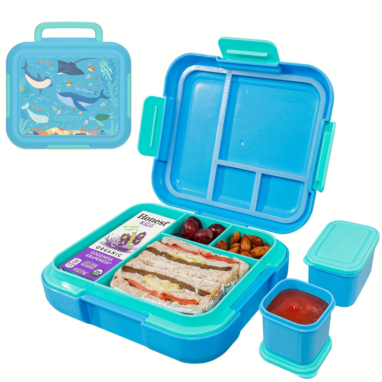 Bento lunchbox dla dzieci z motywem oceanu, 4 przegródki + 2 pojemniki, szczelna