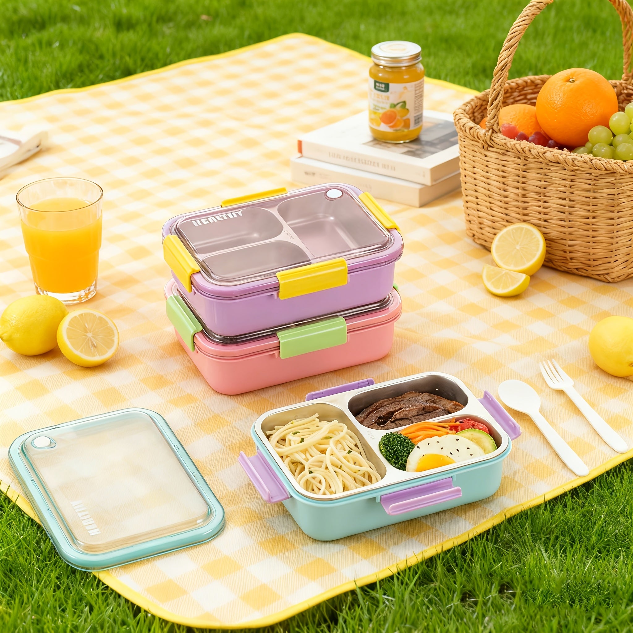 Lunchbox ze stali nierdzewnej dla starszych dzieci, 3 przegródki, z sztućcami