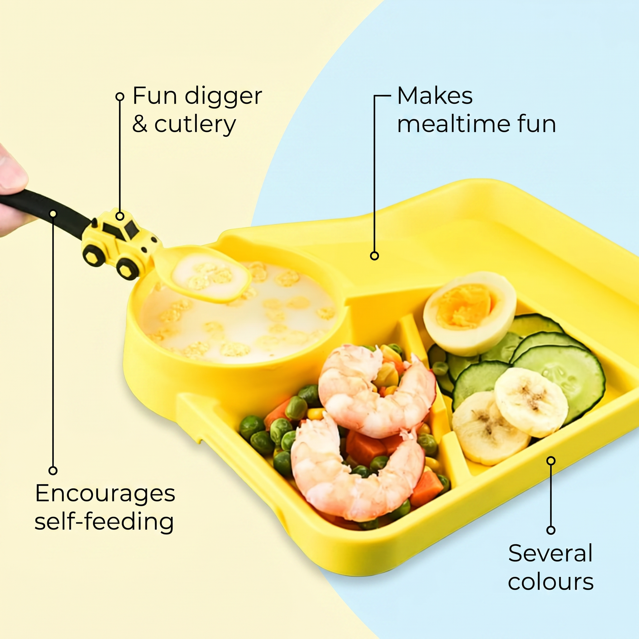 Set de repas pour enfants – assiette avec pelleteuse et couverts