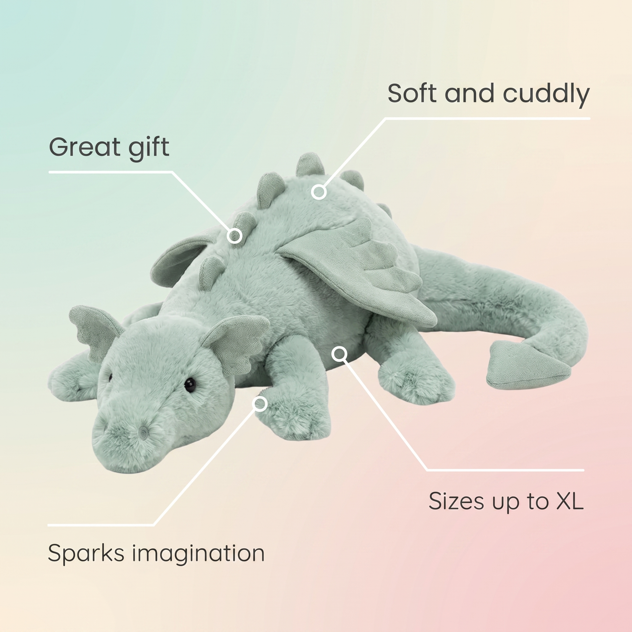 Dragon en peluche à câliner – peluche douce disponible en plusieurs tailles