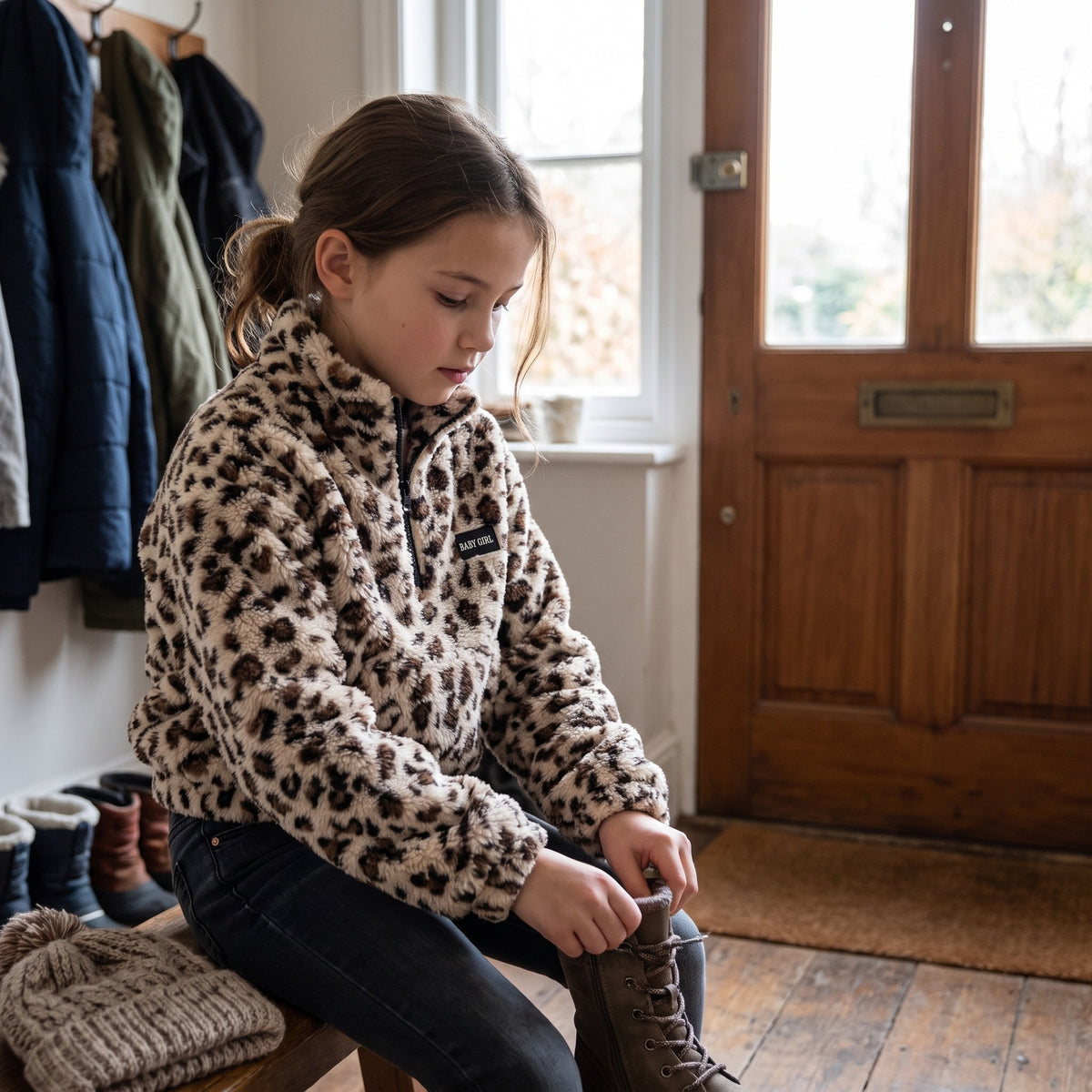 Bluza dziewczęca sherpa w panterkę, jasna panterka, na dziecku
