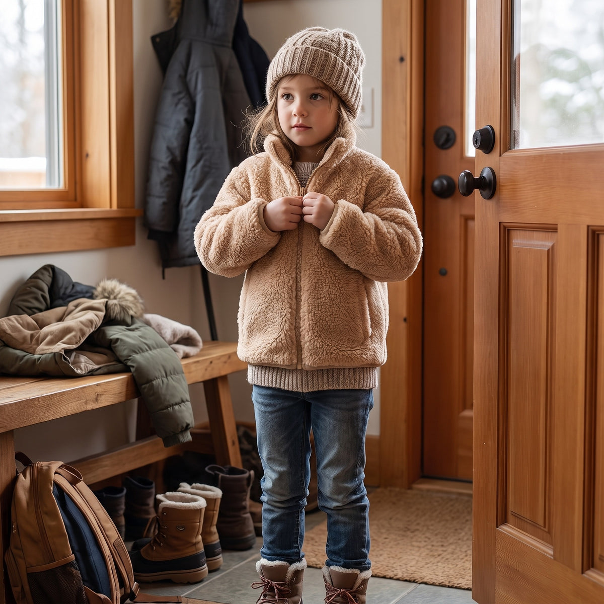 Bluza polarowa dziewczęca sherpa ze stójką, beżowy, na dziecku