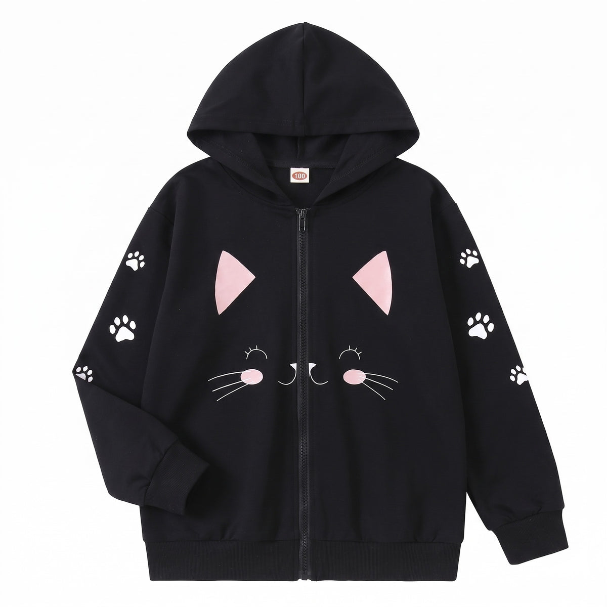 Bluza rozpinana z kapturem z nadrukiem kotka, czarny