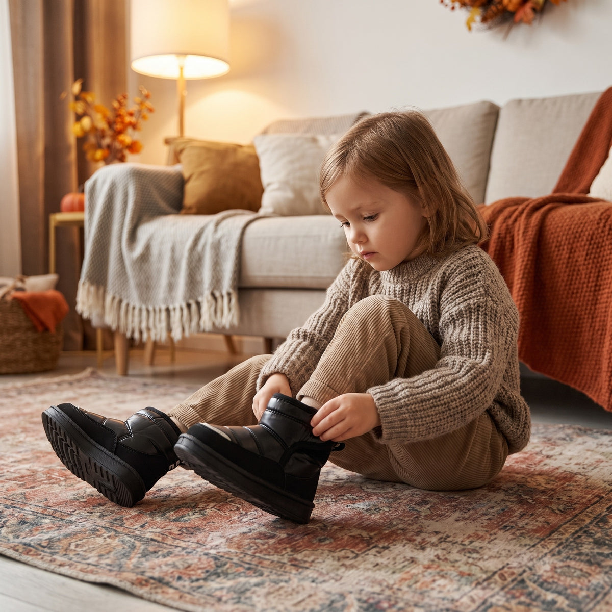 Botki zimowe dziecięce z błyszczącej tkaniny, czarny, na dziecku