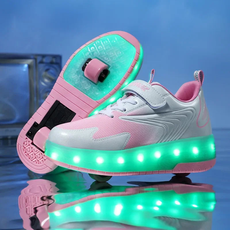 Buty z kółkami i podświetlaną podeszwą, wzór różowo-szary