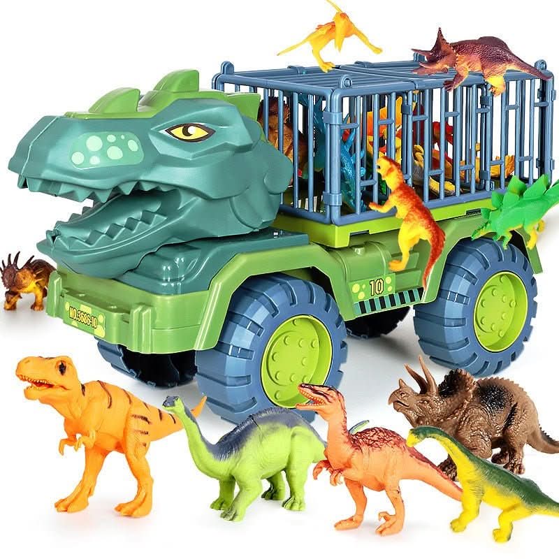 Ciężarówka dinozaur z klatką, figurki obok pojazdu