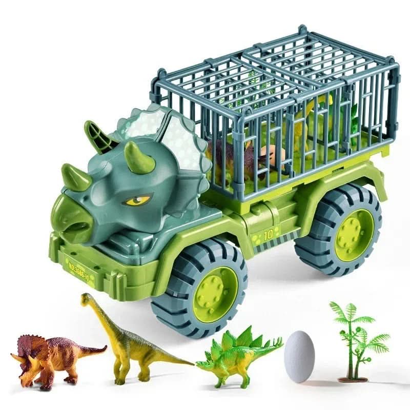 Ciężarówka dinozaur z klatką, ciężarówka triceratops z figurkami