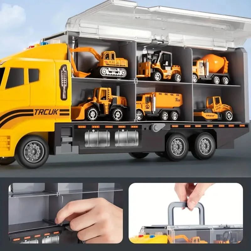 Ciężarówka transporter z maszynami budowlanymi, uchwyt do przenoszenia
