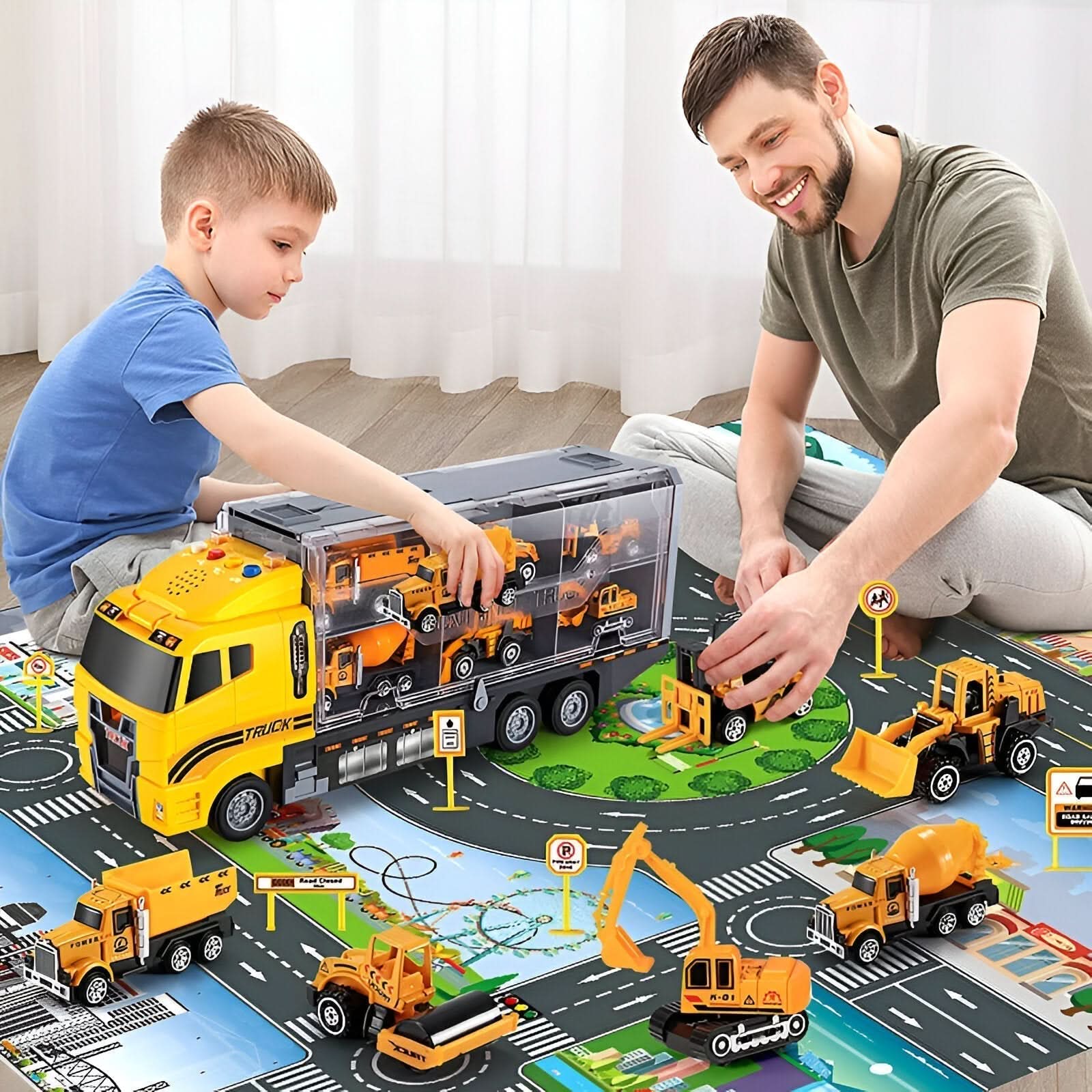 Ciężarówka transporter z maszynami budowlanymi, zabawa na macie