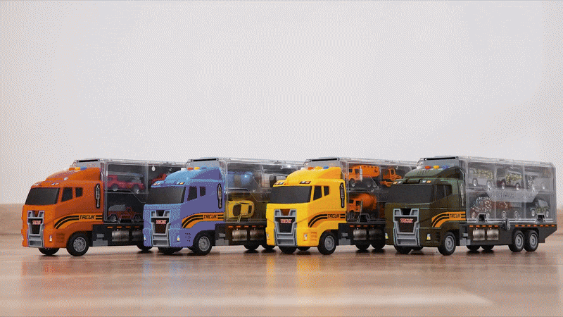 Ciężarówka transporter z maszynami budowlanymi, kolory ciężarówek