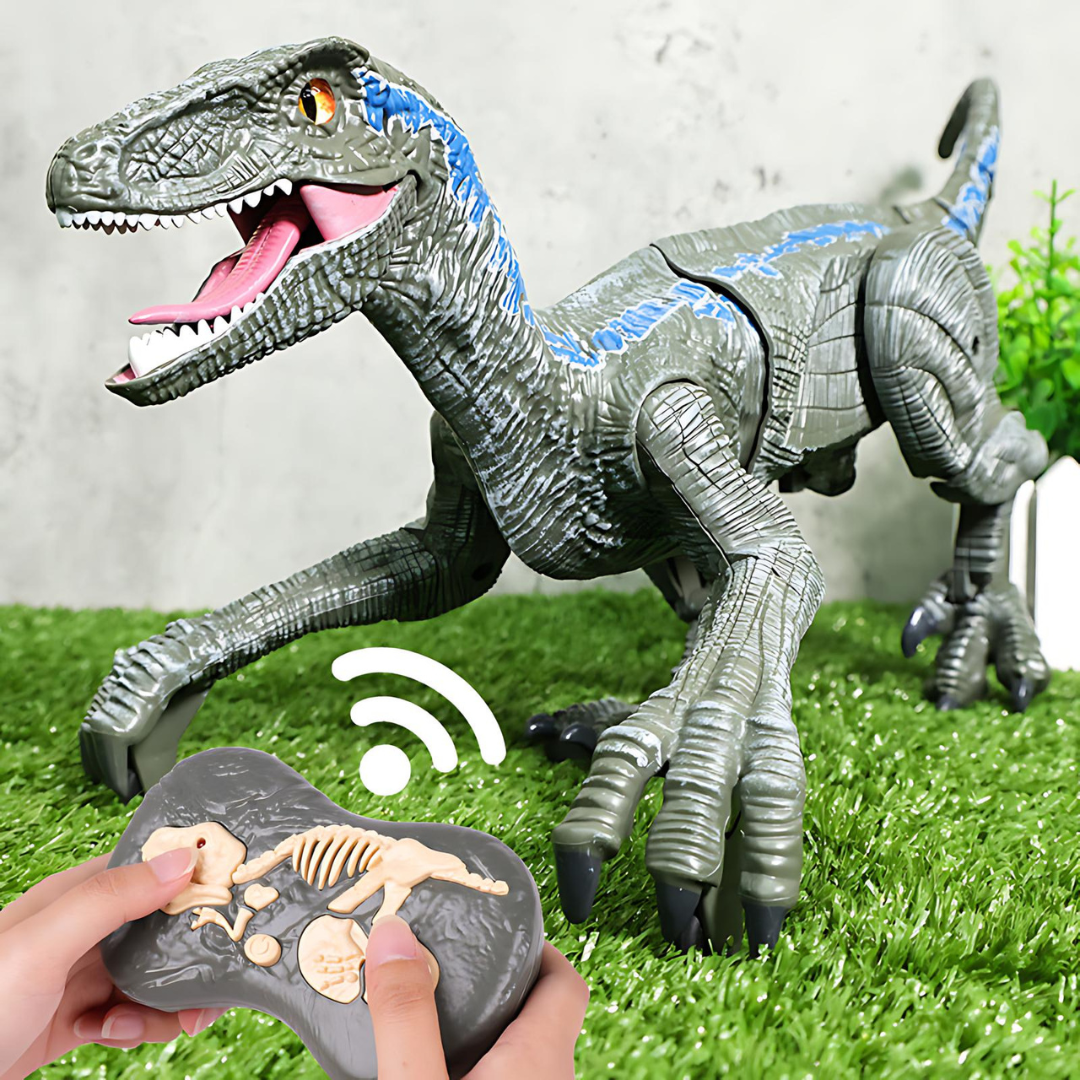 Dinozaur zdalnie sterowany z funkcją mgiełki, welociraptor niebieski z pilotem