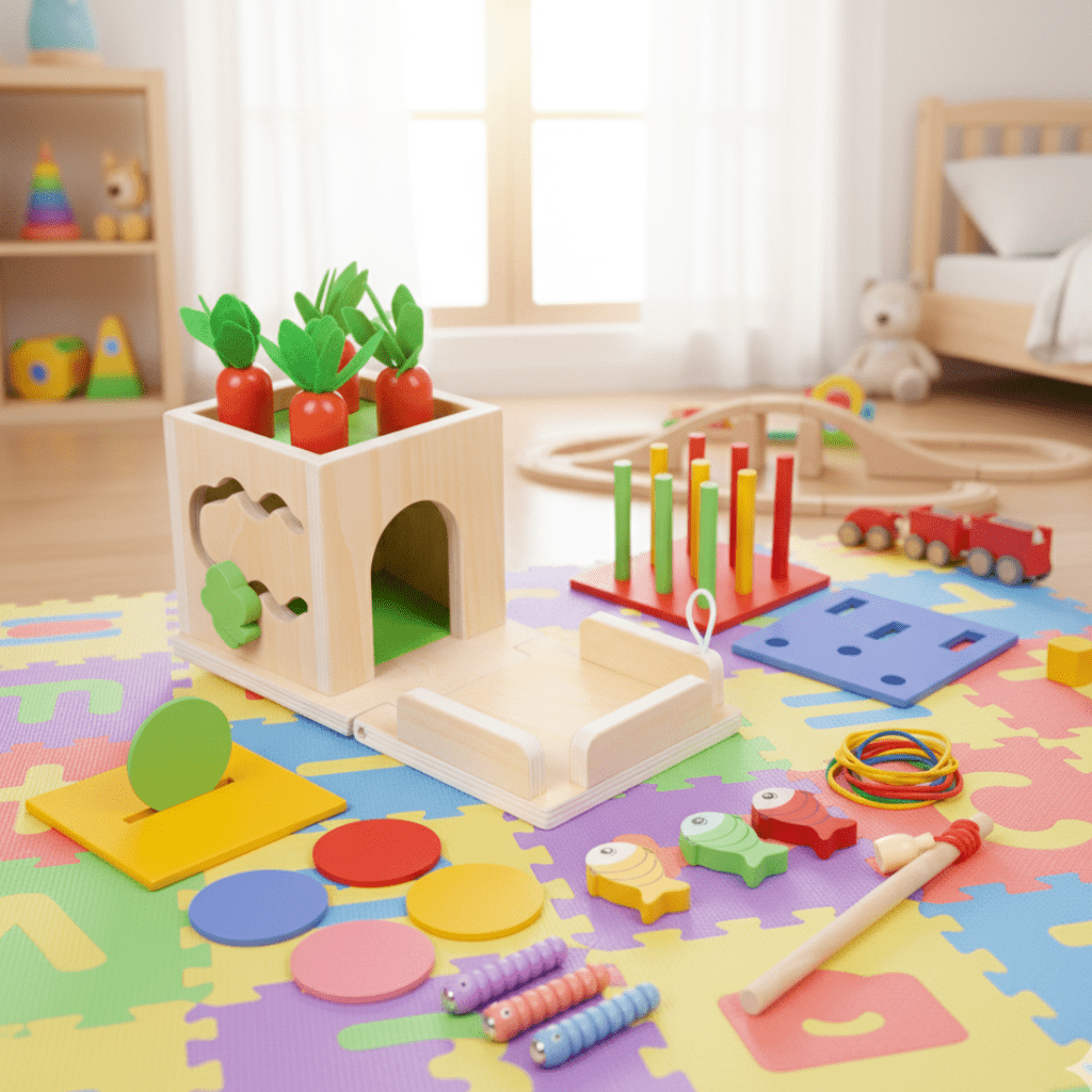 Drewniana kostka edukacyjna 8w1, kostka w pokoju dziecięcym