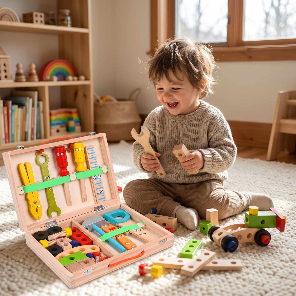 Drewniana skrzynka z narzędziami Montessori – kreatywna zabawka dla dzieci – widok produktu 2 | Kidartsy