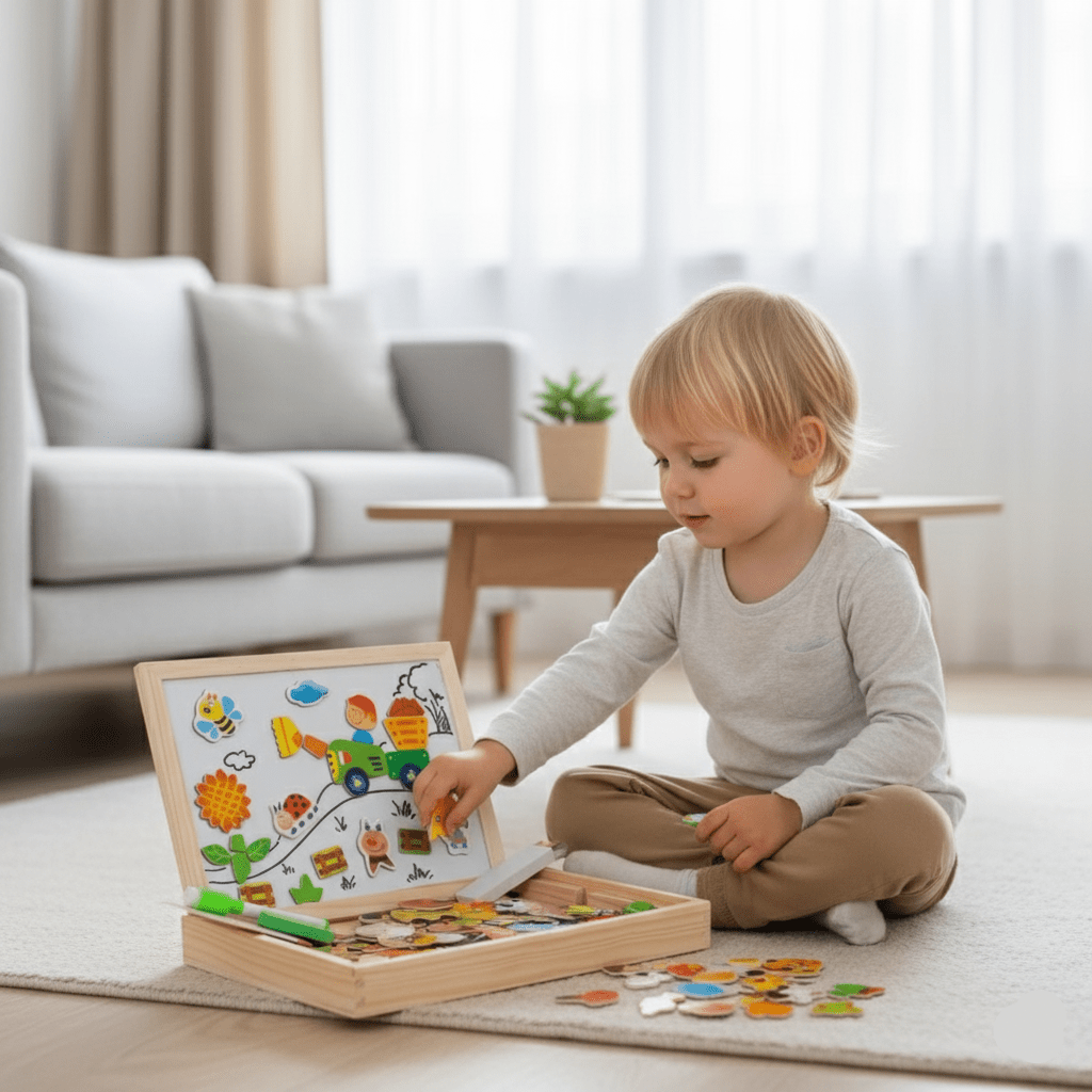 Drewniana tablica dwustronna magnetyczna i kredowa, zabawa na dywanie