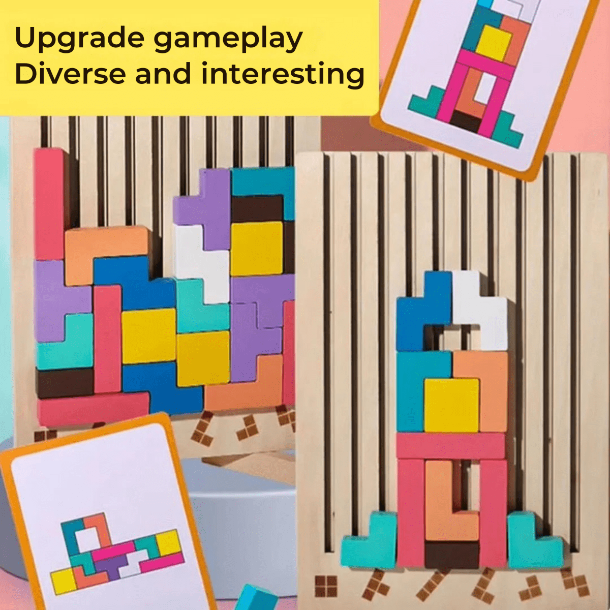 Drewniana układanka tetris z tablicą, układy z kart
