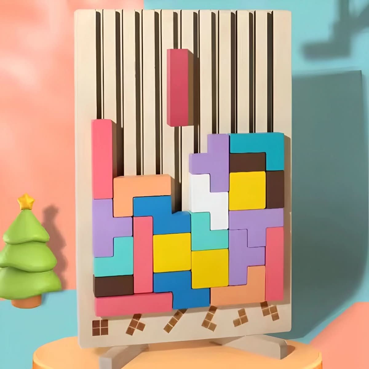 Drewniana układanka tetris z tablicą, tablica z klockami