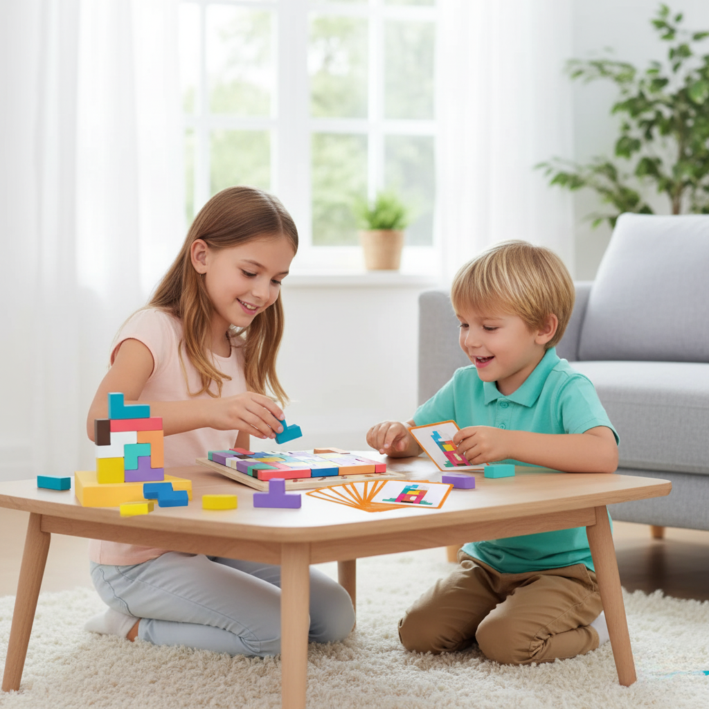 Drewniana układanka tetris z tablicą, dzieci przy stole