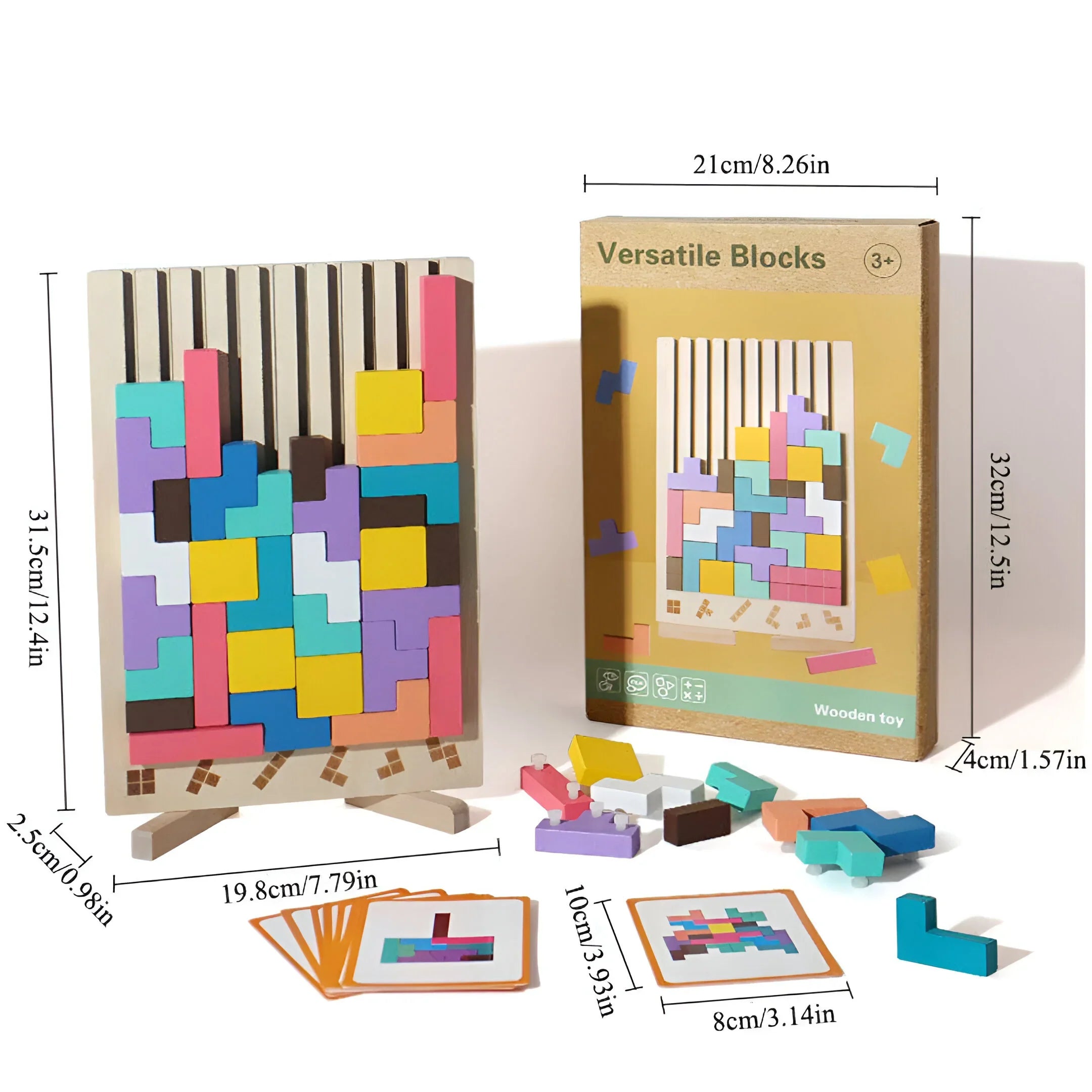 Drewniana układanka tetris z tablicą, wymiary zestawu