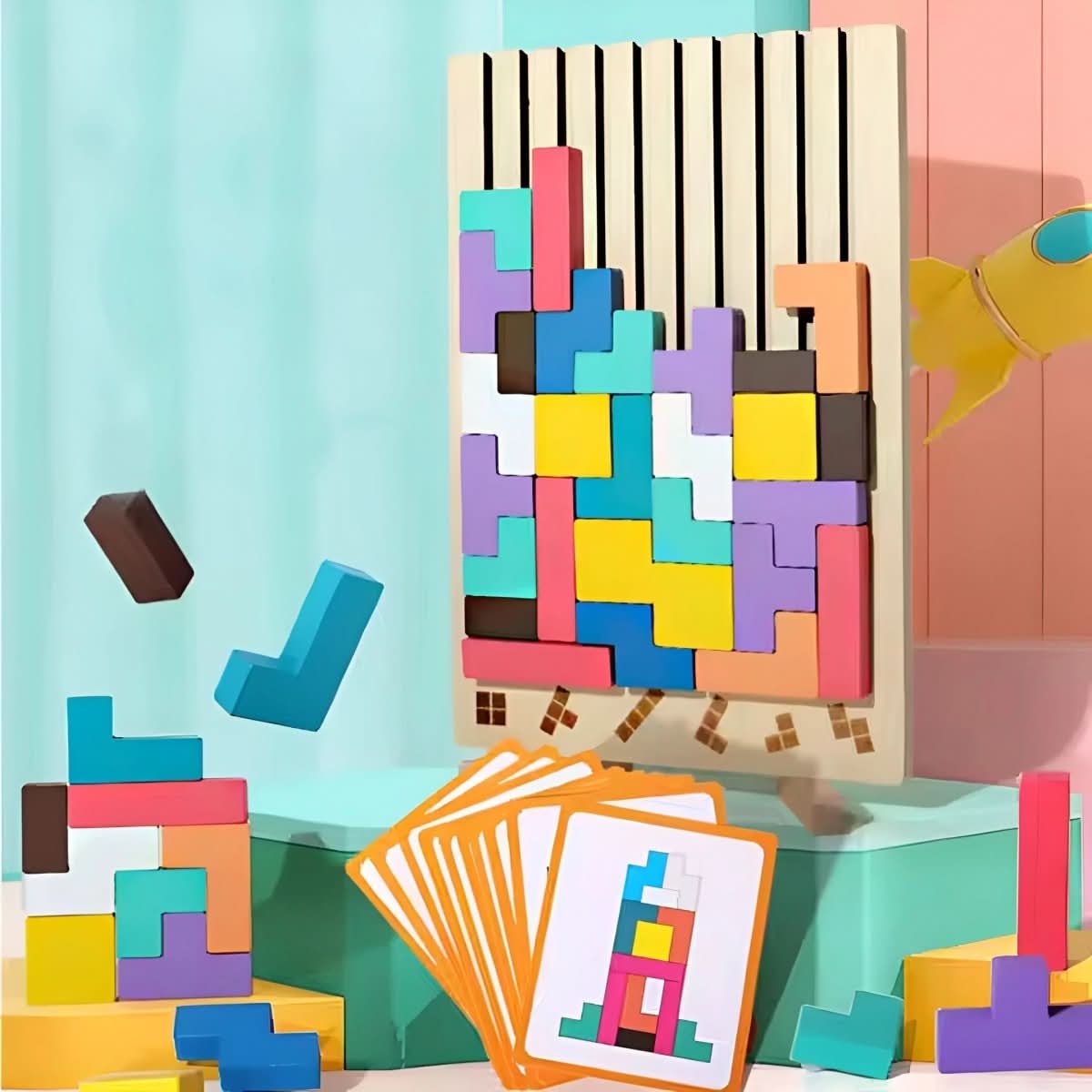 Drewniana układanka tetris z tablicą, układanka z klockami