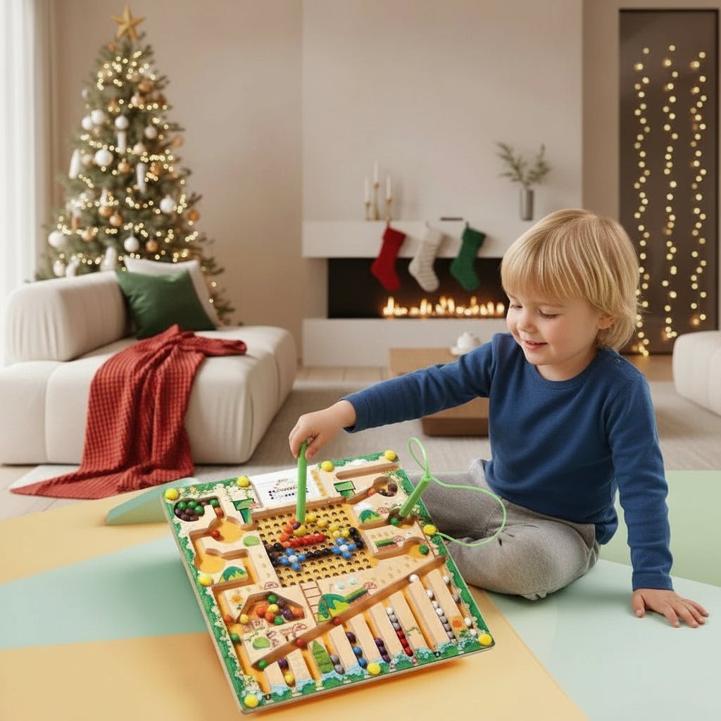 Drewniany labirynt magnetyczny, dziecko przy labiryncie