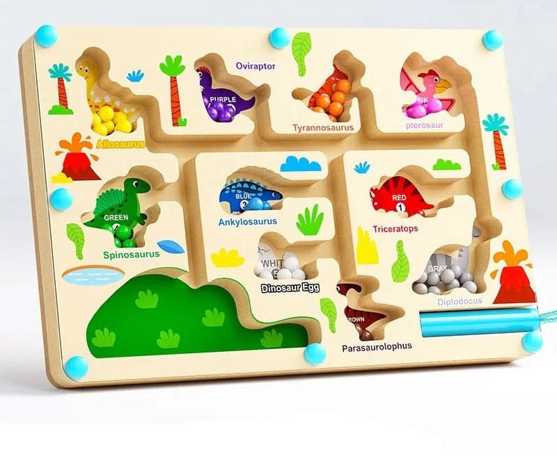 Drewniany labirynt magnetyczny z kulkami, wersja z dinozaurami