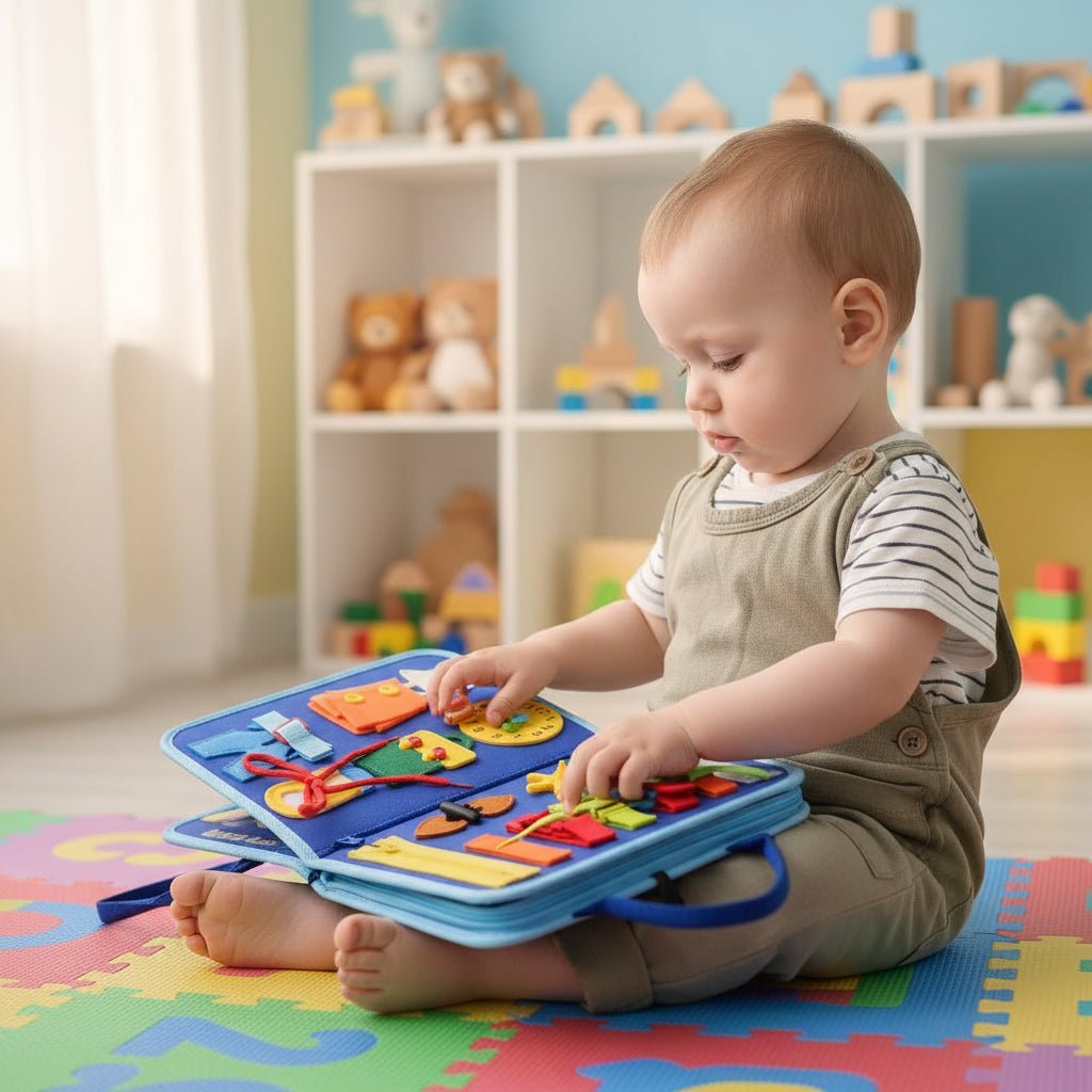 Filcowa książeczka sensoryczna z uchwytem, dziecko na macie