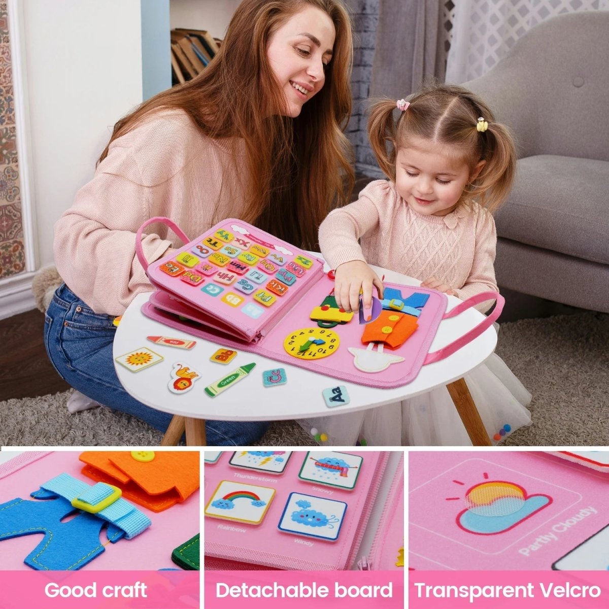 Filcowa książeczka sensoryczna z uchwytem, zabawa z rodzicem