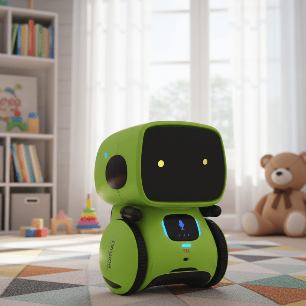 Interaktywny robot tańczący, robot zielony w pokoju