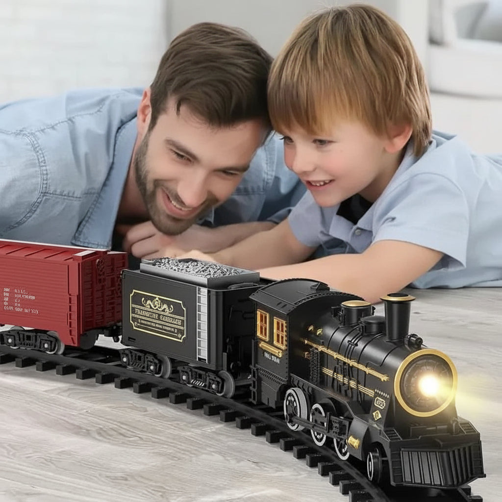 Kolejka elektryczna świąteczna, tata z synem przy kolejce