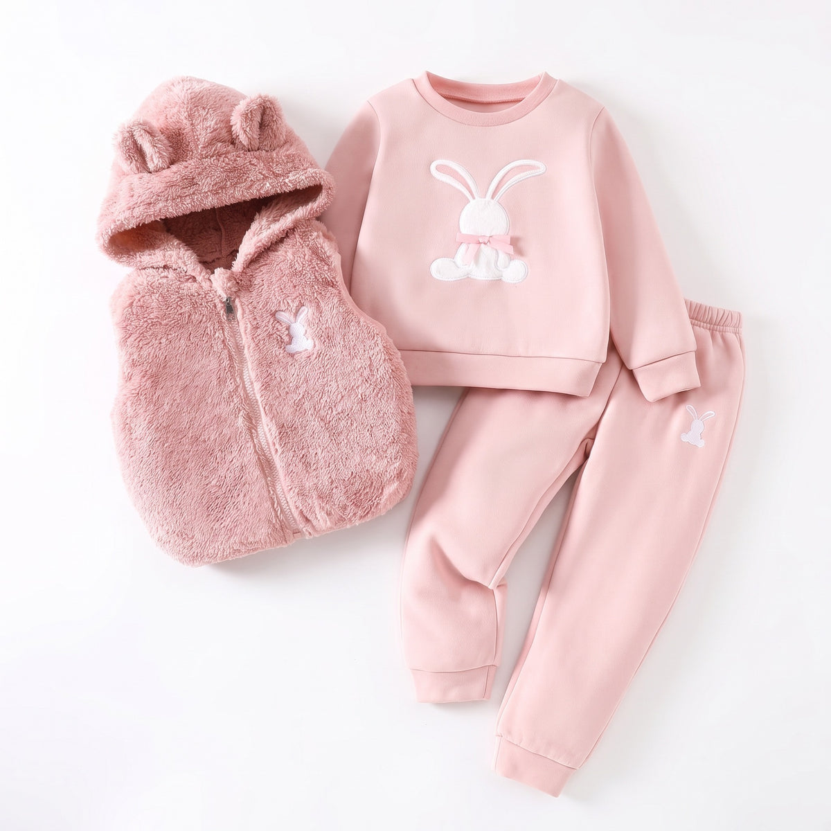 Komplet dziewczęcy z króliczkiem, kamizelka, bluza i spodnie, różowy