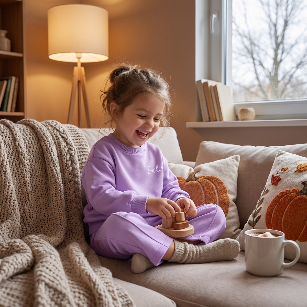 Komplet dziewczęcy bluza i szerokie spodnie Smile, liliowy, na dziecku