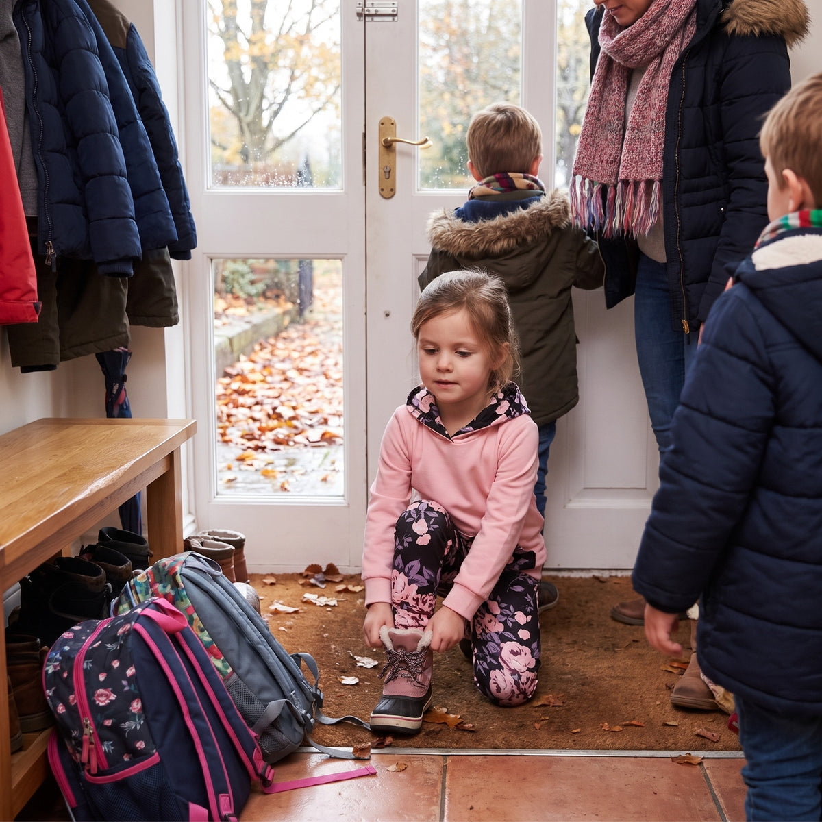 Komplet dziewczęcy bluza z kapturem i legginsy w kwiaty, różowy z czarnym w kwiaty, na dziecku