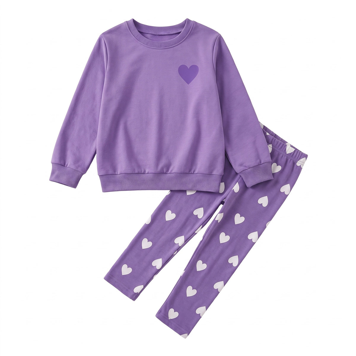 Komplet dziewczęcy bluza z sercem i legginsy w serca, fioletowy