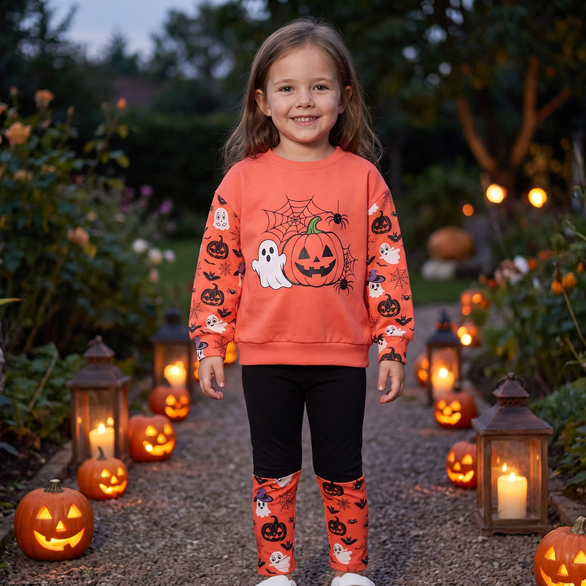 Komplet dziewczęcy na Halloween z duszkami, bluza i legginsy, lifestyle 2